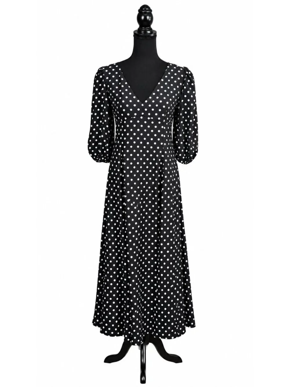 Kate Spade New York Women's Size 4 Black White Polka Dot Midi Dress Puff Sleeve
